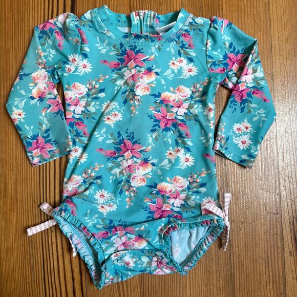 Ruffle Butts blue floral long sleeve rashguard one piece swimsuit SIZE 12-18M - Picture 1 of 5